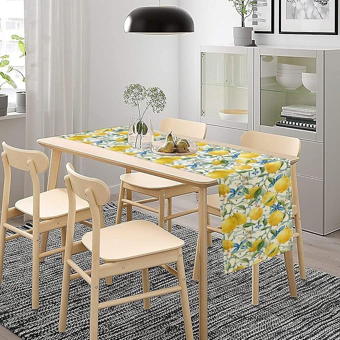 Lemon Table Runner,Watercolor Fruit Green Leaves Spring Summer Table Cloth Kitchen Dining Table Home Party Decoration 13x120 Inch