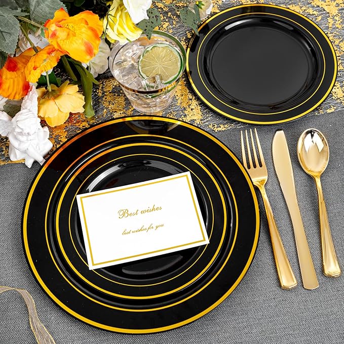 Plates for 25 Guests, Black Plastic with Gold Trim