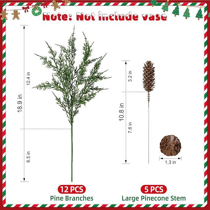 Artificial Pine Branches, 12 Cedar Stems and 5 Pinecone Stems, Plastic