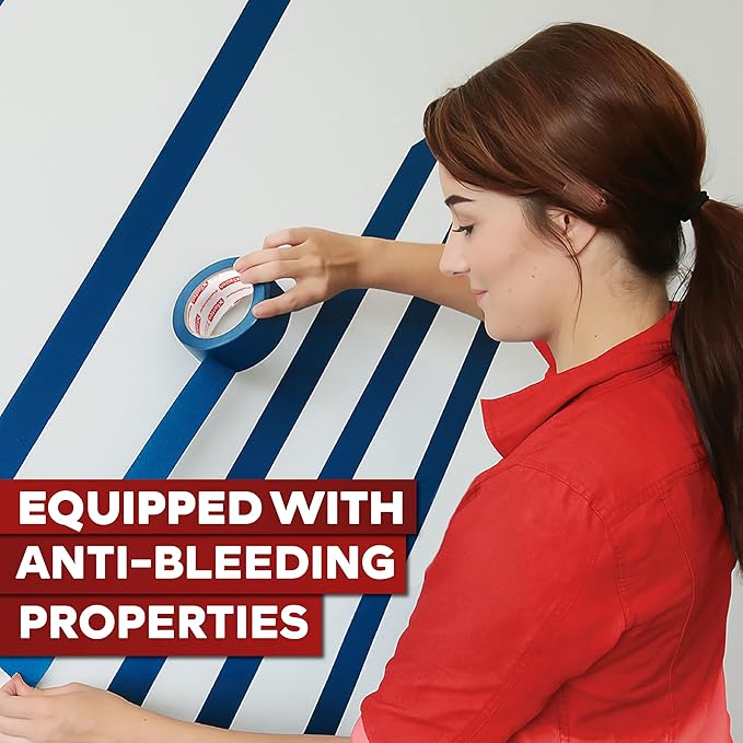 XFasten Professional Blue Painters Tape, Sharp Edge Line Technology, 1.5 Inches x 60Yards (3-Pack) - Produces Sharp Lines and Residue-Free Artisan Grade Clean Release Wall Trim Tape
