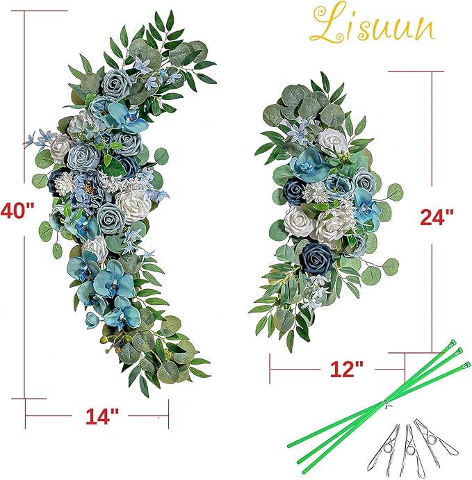 Artificial Flowers Arch Swag Set, Grey Blue Silk Roses and Orchids