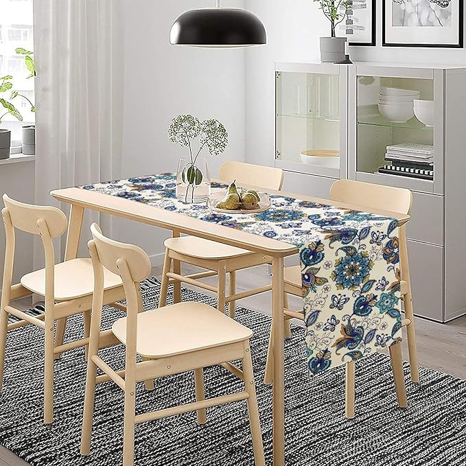 Oriental Paisley Table Runner, Luxury Vintage Blue Teal Floral Butterflies Print Table Runner for Home Dining Kitchen Coffee Table Party Decor, 13x90inch