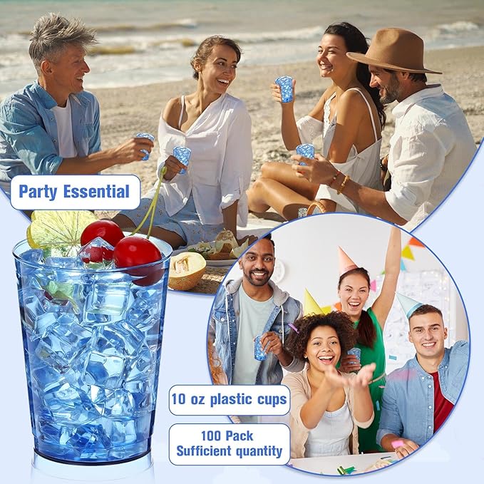 Plastic Party Cups, 10 oz Blue Disposable, 100 Count