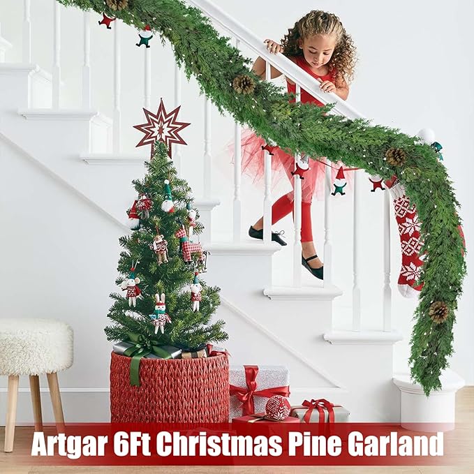 Christmas Garland, 6 Ft Dark Green with Pinecones and White Beads