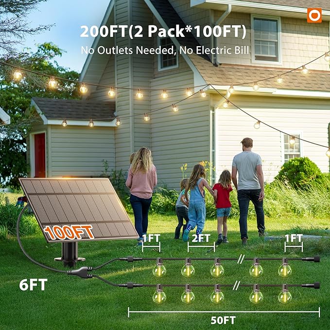 String Lights 200 FT Solar Outdoor, 100 G40 Bulbs, Black