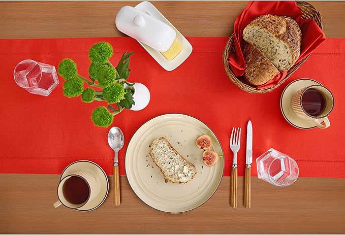 Solino Home Table Runner 108 Inches Long - Cotton Linen Hemstitch Poppy Red Table Runner 14 x 108 Inch for Halloween