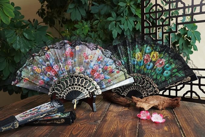 HUNANBANG 4 Pieces Folding Hand Fans Church Wedding Gift, Party Favors, DIY Decoration Gift Size9 Wholesale 4pack (Spanish 4pack)