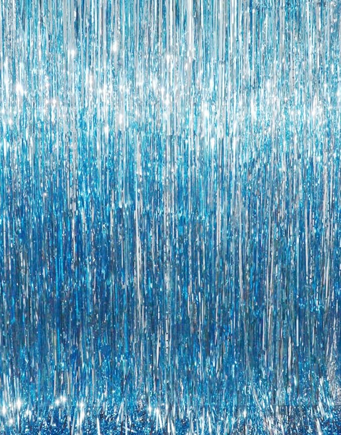 GOER 3.2 ft x 8.2 ft Metallic Tinsel Foil Fringe Curtains Party Photo Backdrop Party Streamers for Birthday,Graduation,New Year Eve Decorations Wedding Decor (4 Packs,Blue)