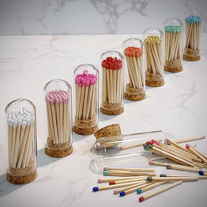 2" White Tip Matches with 3 Mini Cloche Jar + Striker Stickers Included | 100 Classic White Decorative Matches with a Small Glass Holder | Gifts, Home Decor, & Candle Accessories by Thankful Greetings