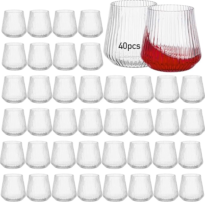 Wine Glasses, Stemless Clear Shatterproof Plastic 12 oz, Pack of 40