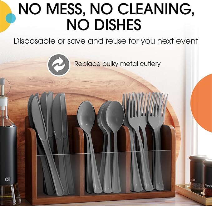 Plastic Cutlery Set, 300 Pieces in Silver with Forks, Spoons and Knives