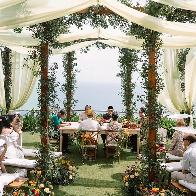 VOK Wedding Arch Draping Fabric Chiffon Fabric, 29in x 18Ft 2 Panels Sheer Chiffon Outdoor Curtain for Wedding Ceremony Birthday Party Decoration (Light Yellow,2 Panel)