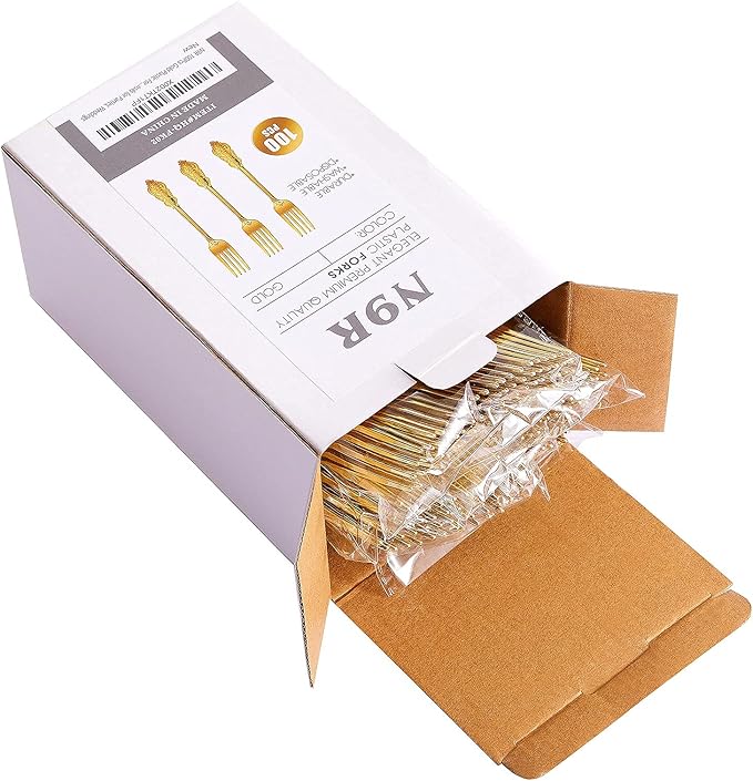 Disposable Gold Plastic Forks, 100 Count, 7.48 Inch Retro Party Forks