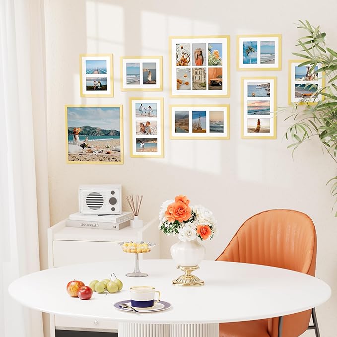 Vittanly 8x10 Collage Picture Frame, Displays 2Pcs 4x6 Pictures with Mat, Photo Frame for Wall Mounting or Table Top with Stand, Gold, 1 Pack