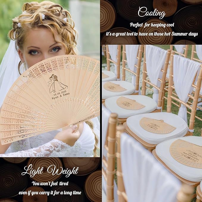 100 PCS Custom Fans Personalized Folding Fans for Line Dancing Wooden Hand Fan Wedding Favors Bulk Fans for Guests Party Event Use (Style08)