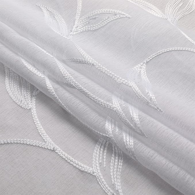 VISIONTEX White Sheer Voile Curtains, Decorative White Embroidery Faux Linen Rod Pocket Window Drapes for Home Kitchen, Living Room and Bedroom 54 x 108 Inch, Set of 2 Curtain Panels