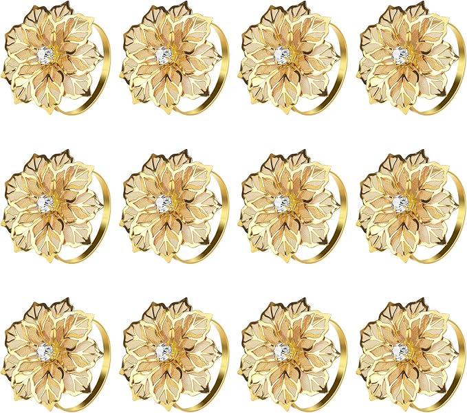 KPOSIYA Set of 20 Napkin Rings, Metal Gold Hollow Out Flower Napkin Ring Holder for Wedding Party Holiday Banquet Christmas Dinner Delicate Serviette Buckles Decor Favor (20, Flower-Gold)