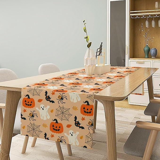 Halloween Table Runner,Cute Ghost Pumpkin Leaves Table Runner for Kitchen Dining Table Decoration Home Party Decor 13x70 Inch