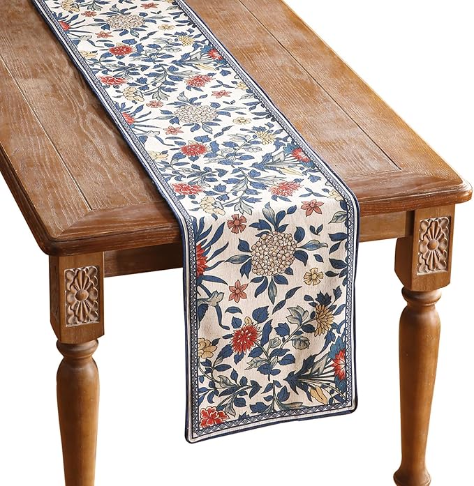 patdrea Designer Blue Cottage Rustic Floral Patterned Linen Table Runner 71 Inch Long,Wrinkle Resistant Table Mat,Decoration for Kitchen Dining and Coffee Tables Banquet Christmas , 12"x71"