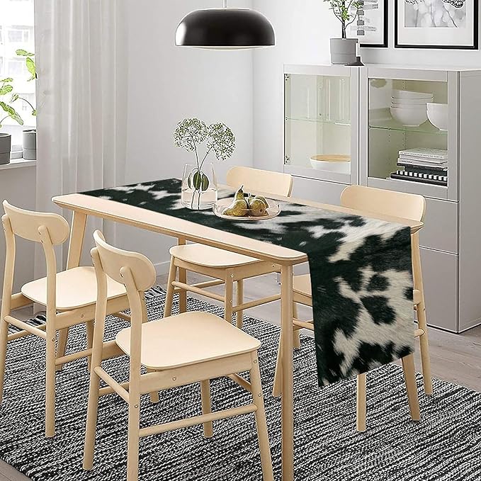 Cow Skin Print Table Runner, Rustic Country Farm Fur Skin Cowhide Pattern Western Style Black White Print Table Runner for Home Kitchen Dinning, 13x120 Inch