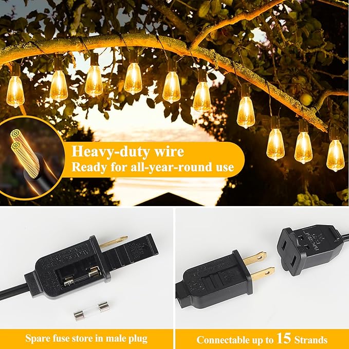 String Lights 100FT Outdoor with 52 Edison Bulbs, Black Wire