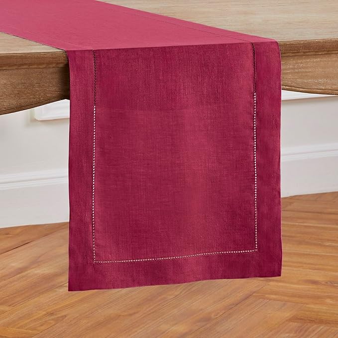 Solino Home Linen Beet Table Runner 120 Inches Long - 100% Pure Linen Hemstitch 14 x 120 Inch Table Runner for Dining, Fall, Autumn, Thanksgiving, Holiday - Classic Hemstitch