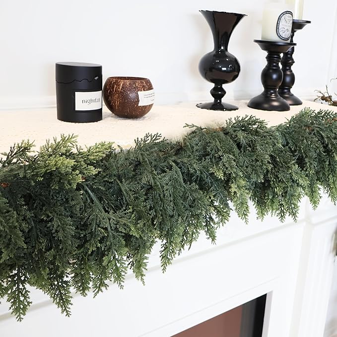 Green Cedar Garland, 9 Feet Long, Soft PE Foliage for Holiday Decor