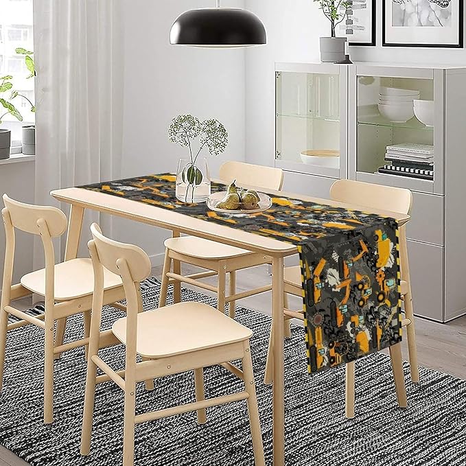 Cartoon Car Table Runner,Boy Kids Construction Yellow Tractor Excavator Tablecloth Burlap for Hotel Indoors Outdoor Dining Room Kitchen Home Decor,W13X L70 in