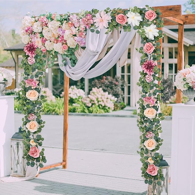 Waipfaru 2Pcs Artificial Flower Garland Decorations, 12.14Ft Eucalyptus Greenery Vines with Pink Roses for Wedding Table Runner Centerpieces Backdrop Room Decor (Pink)