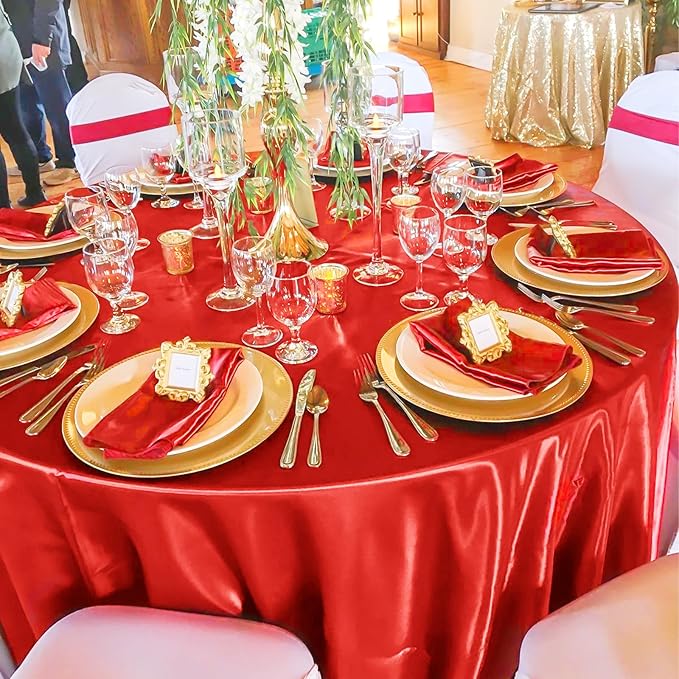 fani 6 Pack 120 Inch Red Satin Tablecloth - Premium Bright Silky Round Tablecloth Overlay Smooth Fabric Table Cover, Table Decoration for Wedding Party Banquet Events Restaurant Kitchen Dining