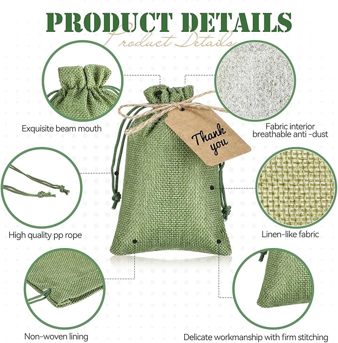 Gift Bags: 100 Burlap Drawstring Pouches in Army Green with Kraft Tags