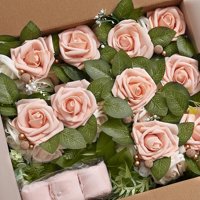 Artificial Flowers Pink Pew Bouquets, Set of 10 with Roses and Chiffon Ribbon