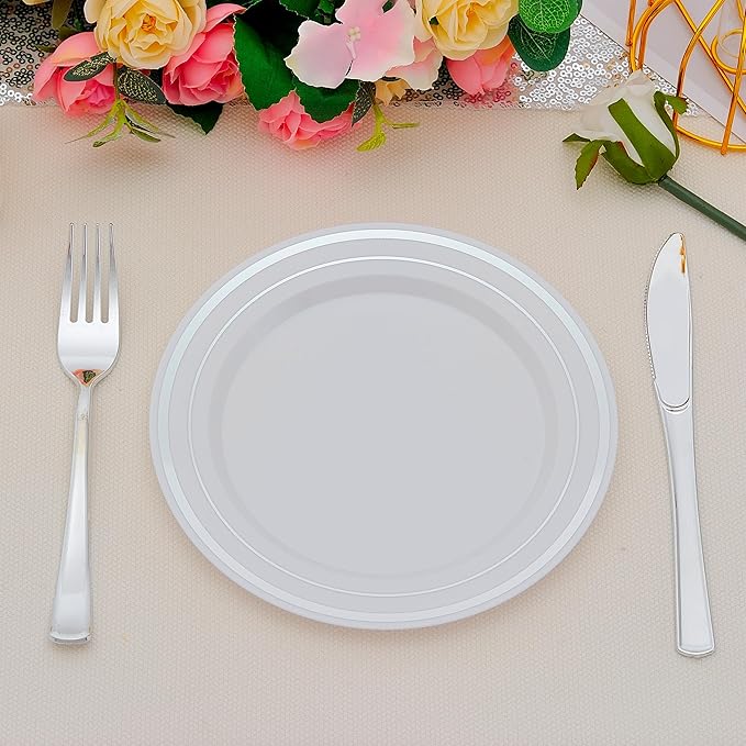 200pcs Silver Dessert Plates with Forks for 100 Guests-100pcs 7.5" Disposable Silver and White Small Plates with 100pcs 7.4" Forks-Cake/Appetizer/Salad Plate for Wedding,Birthday,Party