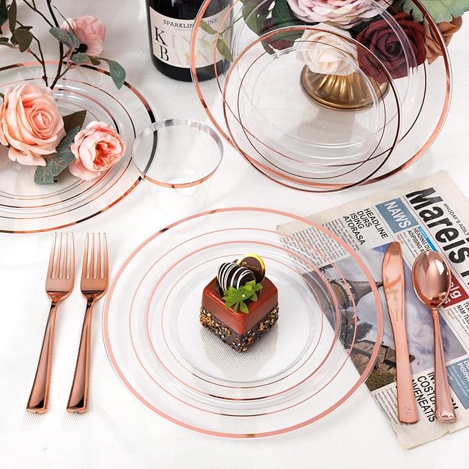Plates Set, Clear Rose Gold Plastic, 600 Pieces for 100 Guests