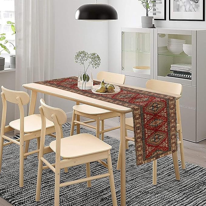 Boho Floral Vintage Table Runner, Red Grey Retro Flower Rustic Country Farmhouse Abstract Pattern for Home Kitchen Table Decor Dining Coffee Room Party Decor 13x60in