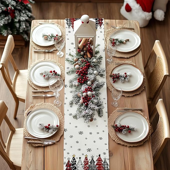 GEEORY Christmas Table Runner 13x72 Inch, Xmas Tees Snowflakes Holiday Decorative Farmhouse Table Decoration for Kitchen Dinning, Indoor Outdoor Dinner Party Decor ((Red & Black) GT165-72