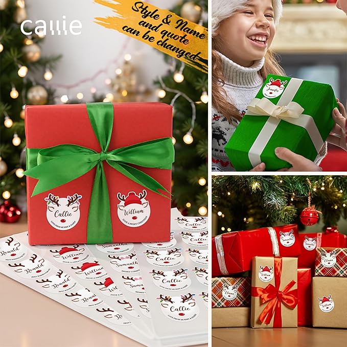 30pcs Personalized Christmas Stickers with Name, Custom Reindeer Waterproof Christmas Gift Tags for Gift Box Holiday Decorations, Stockings, Party Favors, 3"