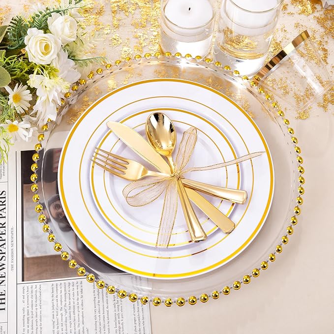 Plates: 300 Count White Plastic Round Disposable Party Plates with Gold Trim