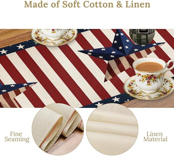 4th of July Table Runner, Patriotic Independence Day American Stars Stripes Flag Print Table Runner for Farmhouse Kitchen Dining Holiday Birthday Party, 13x90inch