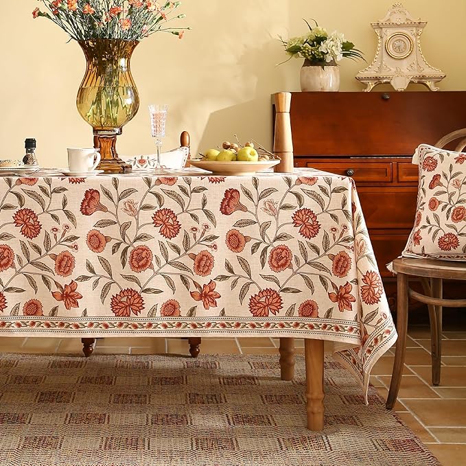 Rectangular Tablecloth 55x71 Inch Linen Blend Hand-Painted Floral Orange