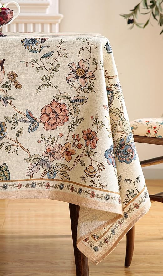 Tablecloth, Square Floral Linen-Polyester Blend, 67 x 67 Inch