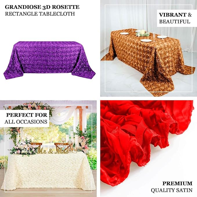 Efavormart 90"x132" Wholesale Rectangle Table Cover Champagne Grandiose Rosette 3D Satin Tablecloth for Wedding Party Event