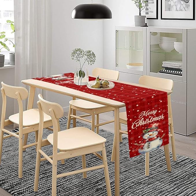 Christmas Table Runner,Christmas Snowman Snowflakes Winter Seasonal Table Cloth Kitchen Dining Table Decoration for Home Party Decor 13x36 Inch