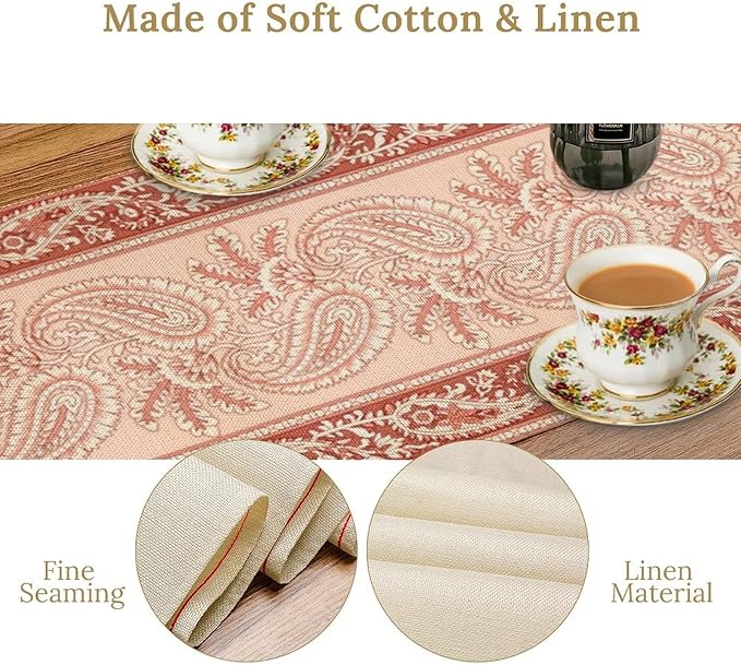 Pink Paisley Table Runner, Abstract Vintage Boho Paisley Flowers Leaves Print Table Runner for Home Kitchen Dining Room Wedding Party Decor, 13x108inch