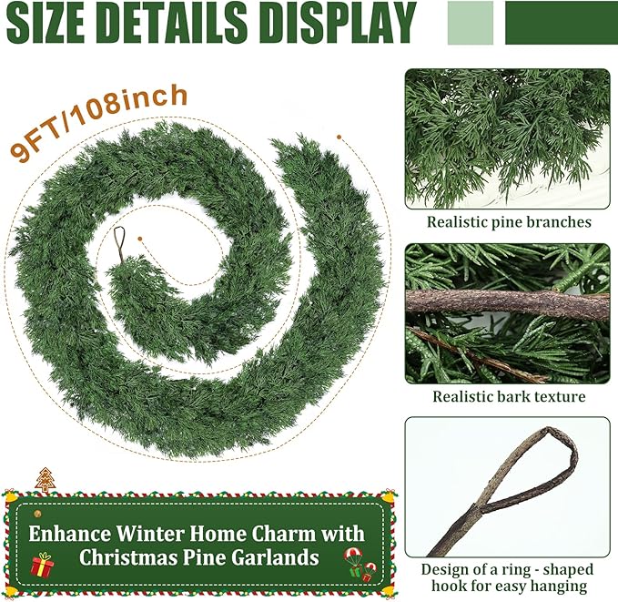 Artificial Pine Garland, 9 ft Green PE with 238 Sprigs