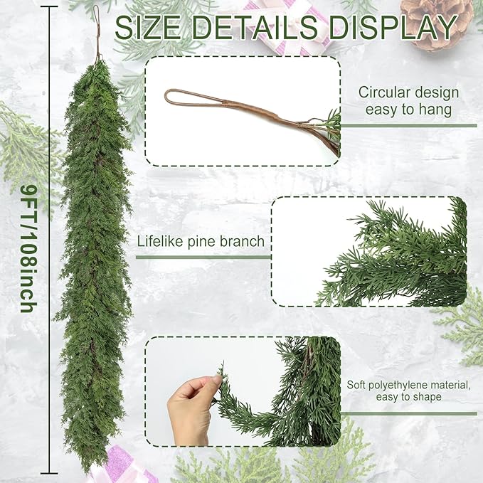 Artificial Christmas Garland, 9 Ft Green PE Greenery for Mantels and Stairs