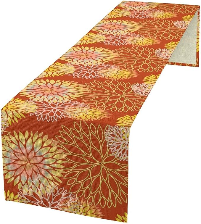 Yellow Floral Table Runner, Chrysanthemum Autumn Spring Summer Vintage Modern Linen Geometric Table Runner for Kitchen Living Room Bedroom Party Holiday, 13x36 Inch