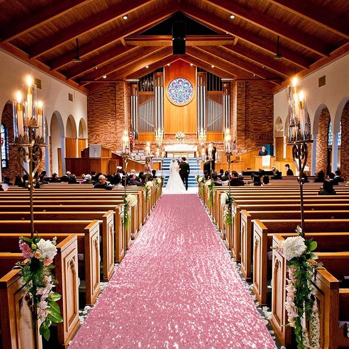 Aisle Runner 2 x 15 ft Pink Gold Sequin Mesh, Seamless