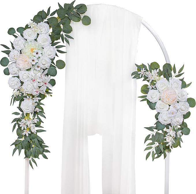 Artificial Flowers Wedding Arch Swag, White and Ivory Faux Silk, 40-Inch Set