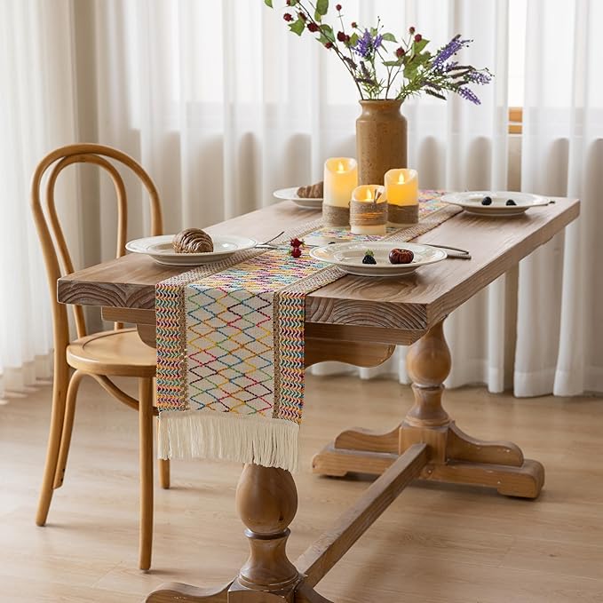 Keketo Boho Table Runner Colorful for Home Decor 12x72 Inches Farmhouse Macrame Burlap Jute Rustic Dining Kitchen Centerpiece Bohemian Decor French Country Baby Bridal Shower Decorations